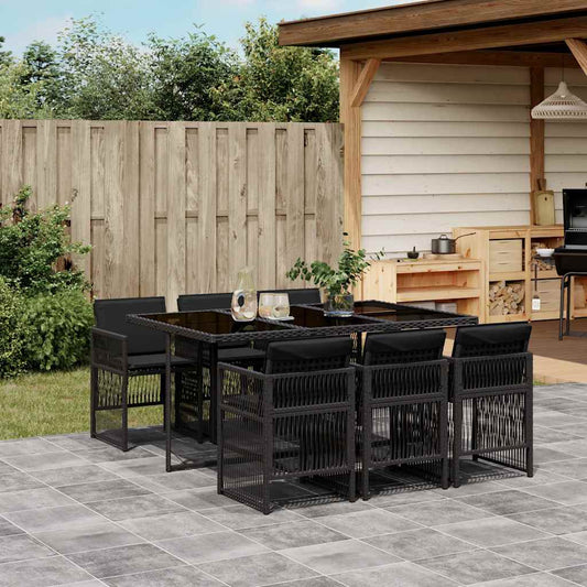 vidaXL 7 Piece Garden Dining Set with Cushions Black Poly Rattan