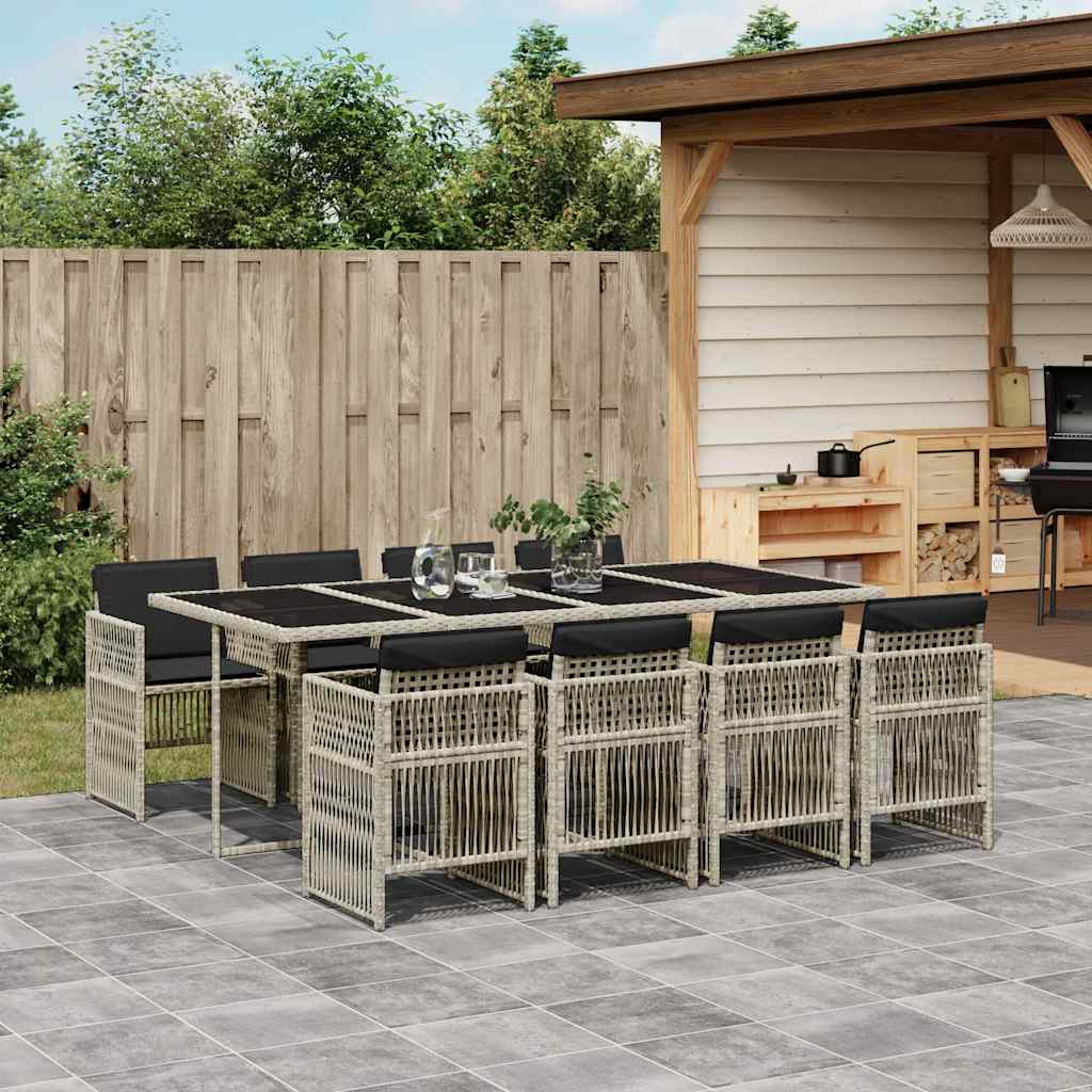 vidaXL 9 Piece Garden Dining Set with Cushions Light Grey Poly Rattan