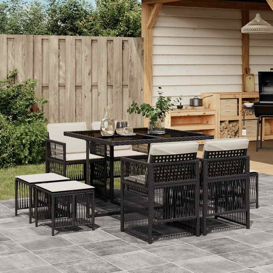 vidaXL 9 Piece Garden Dining Set with Cushions Black Poly Rattan