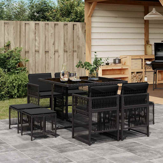 vidaXL 9 Piece Garden Dining Set with Cushions Black Poly Rattan