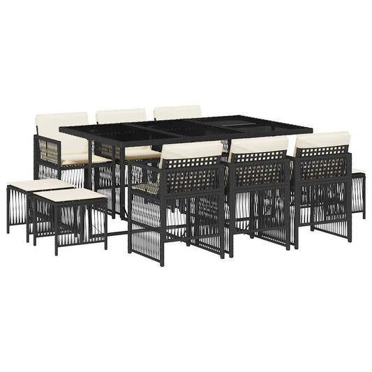 vidaXL 11 Piece Garden Dining Set with Cushions Black Poly Rattan