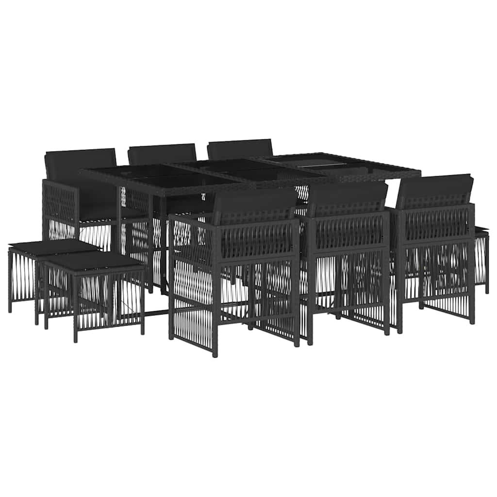 vidaXL 11 Piece Garden Dining Set with Cushions Black Poly Rattan