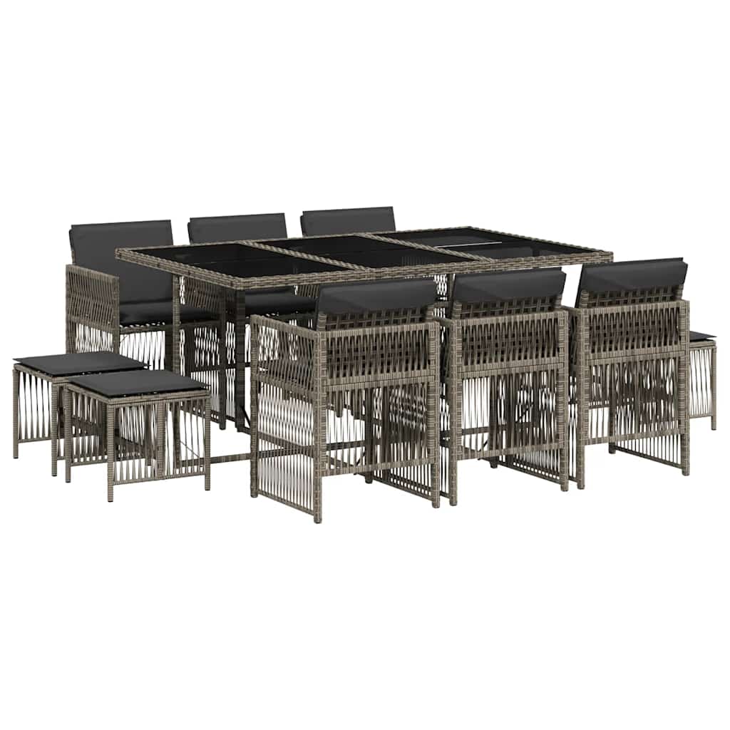 vidaXL 11 Piece Garden Dining Set with Cushions Grey Poly Rattan