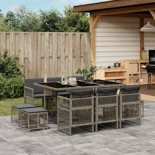 vidaXL 11 Piece Garden Dining Set with Cushions Grey Poly Rattan