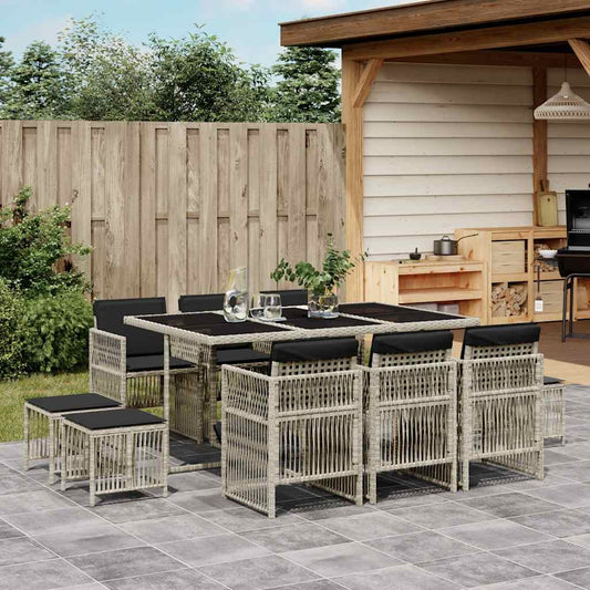 vidaXL 11 Piece Garden Dining Set with Cushions Light Grey Poly Rattan