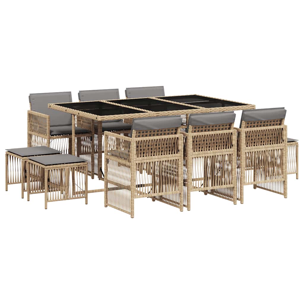 vidaXL 11 Piece Garden Dining Set with Cushions Mix Beige Poly Rattan
