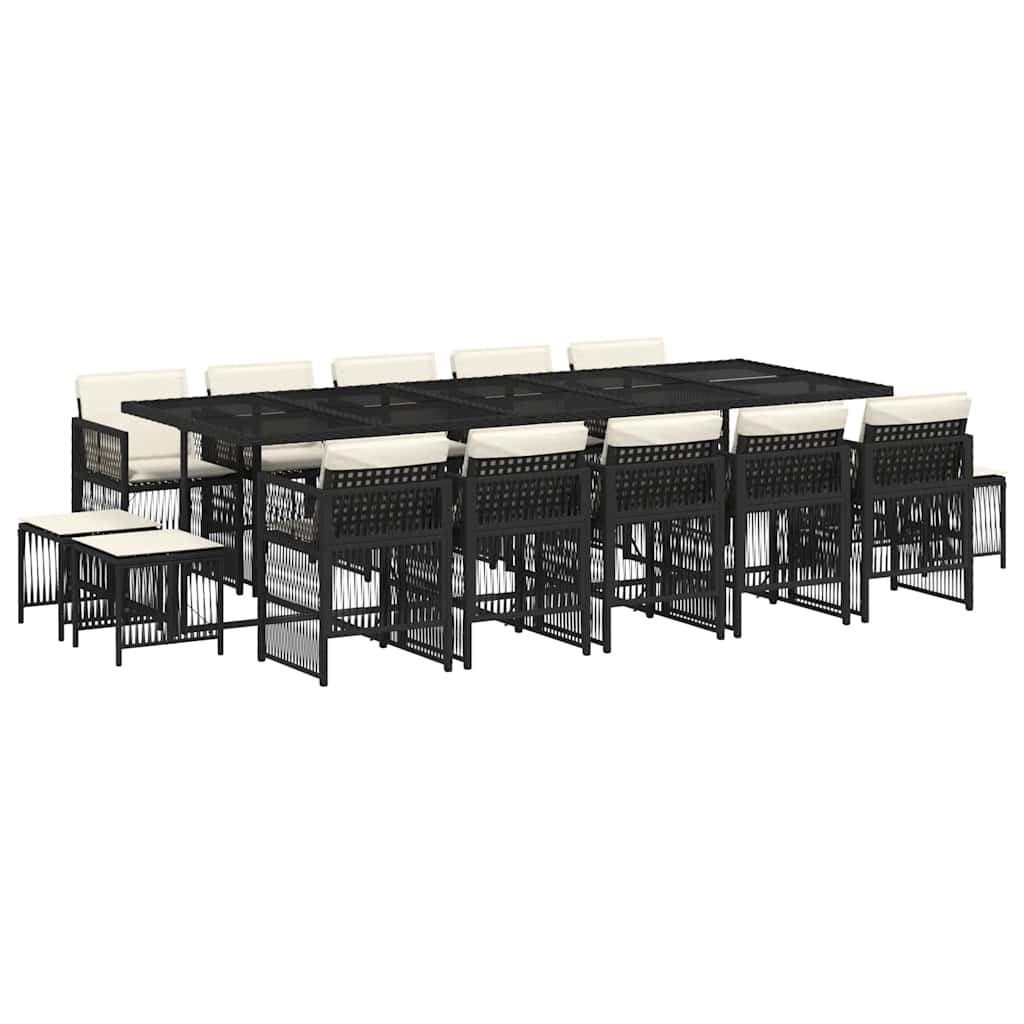 vidaXL 15 Piece Garden Dining Set with Cushions Black Poly Rattan