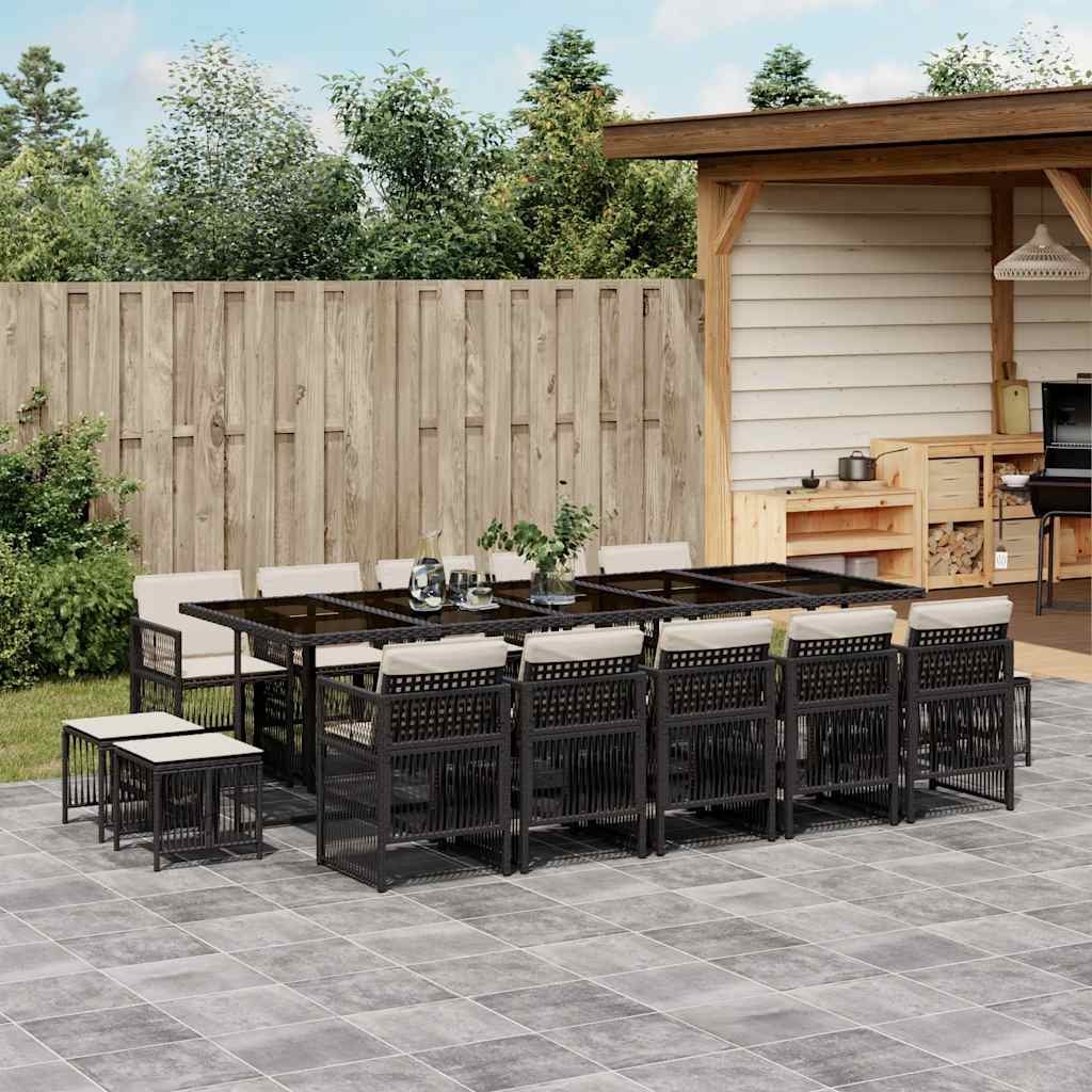 vidaXL 15 Piece Garden Dining Set with Cushions Black Poly Rattan