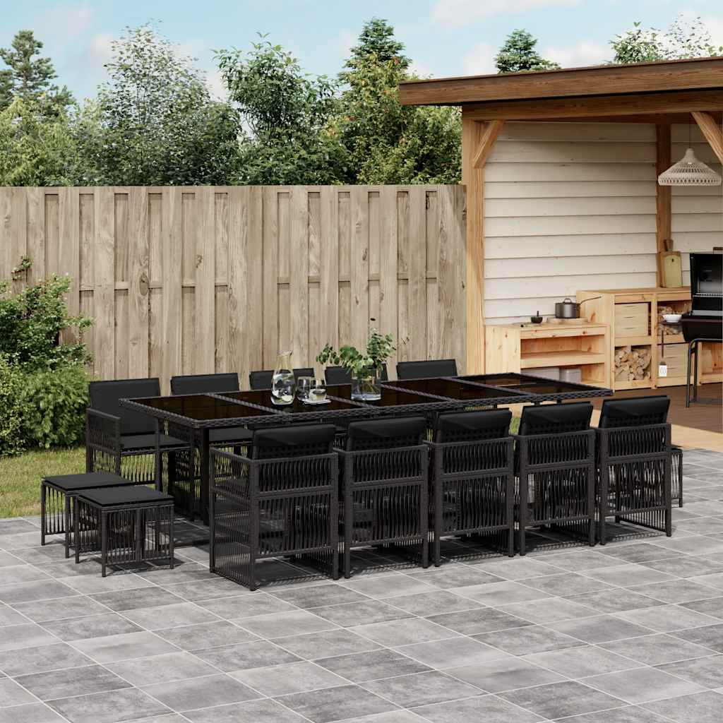 vidaXL 15 Piece Garden Dining Set with Cushions Black Poly Rattan