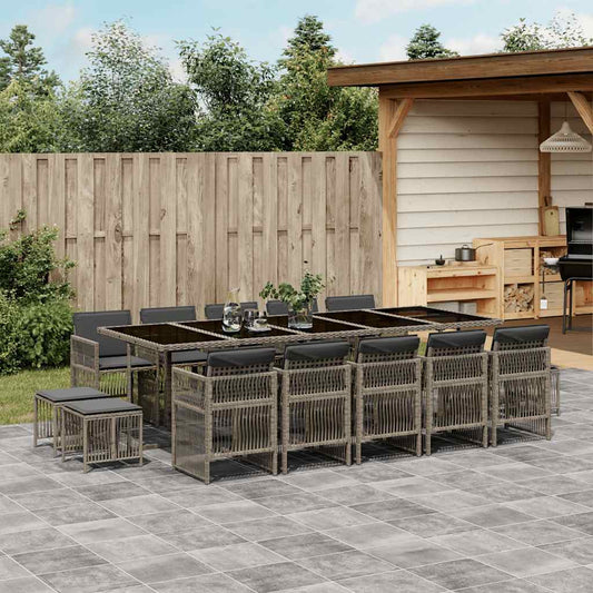 vidaXL 15 Piece Garden Dining Set with Cushions Grey Poly Rattan