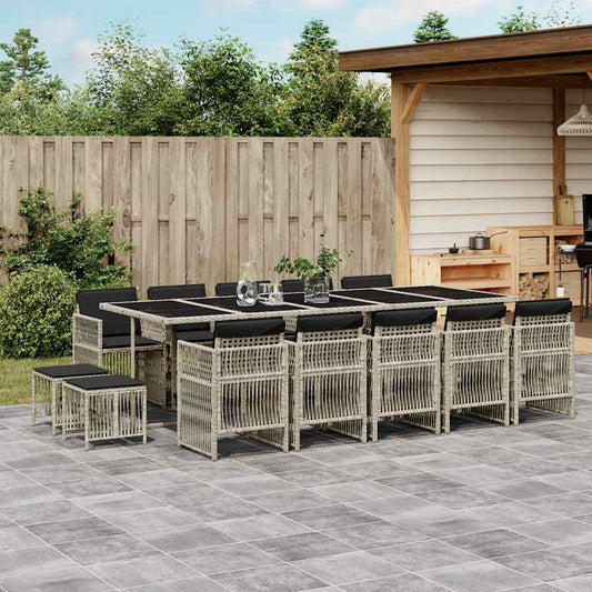 vidaXL 15 Piece Garden Dining Set with Cushions Light Grey Poly Rattan