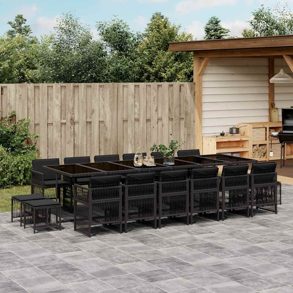 vidaXL 17 Piece Garden Dining Set with Cushions Black Poly Rattan