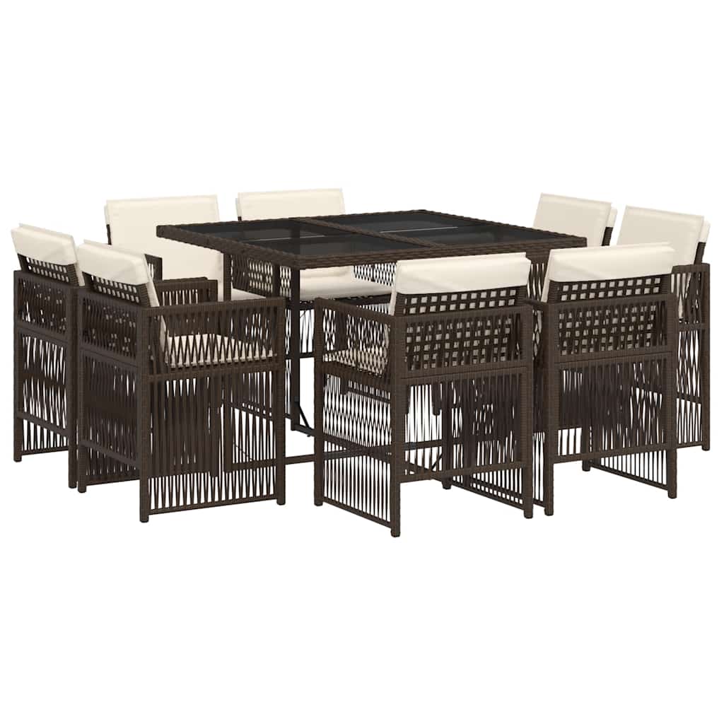 vidaXL 9 Piece Garden Dining Set with Cushions Brown Poly Rattan