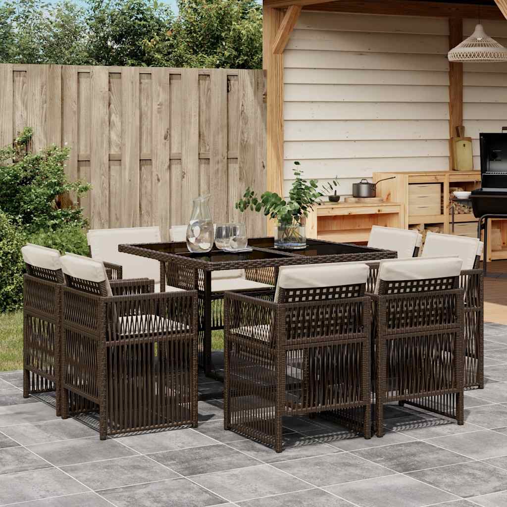 vidaXL 9 Piece Garden Dining Set with Cushions Brown Poly Rattan