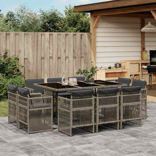 vidaXL 11 Piece Garden Dining Set with Cushions Grey Poly Rattan