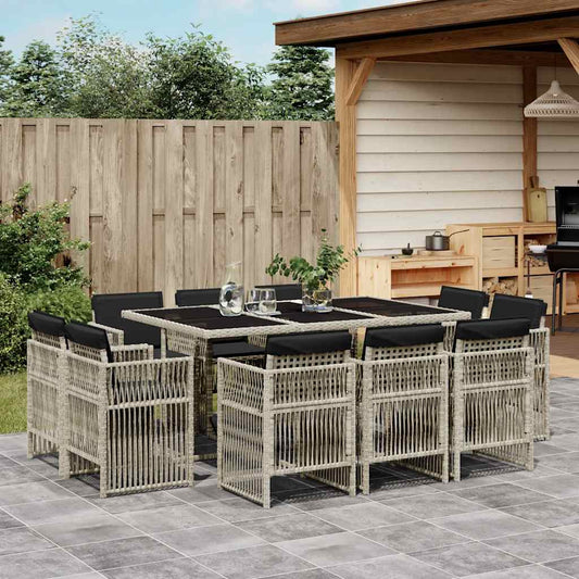 vidaXL 11 Piece Garden Dining Set with Cushions Light Grey Poly Rattan