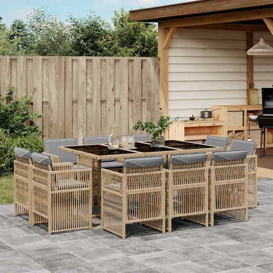 vidaXL 11 Piece Garden Dining Set with Cushions Mix Beige Poly Rattan