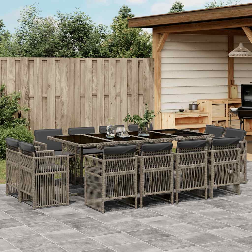 vidaXL 13 Piece Garden Dining Set with Cushions Grey Poly Rattan