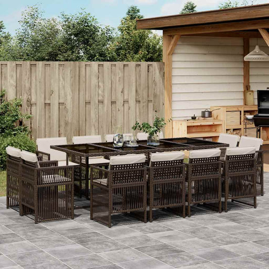vidaXL 13 Piece Garden Dining Set with Cushions Brown Poly Rattan