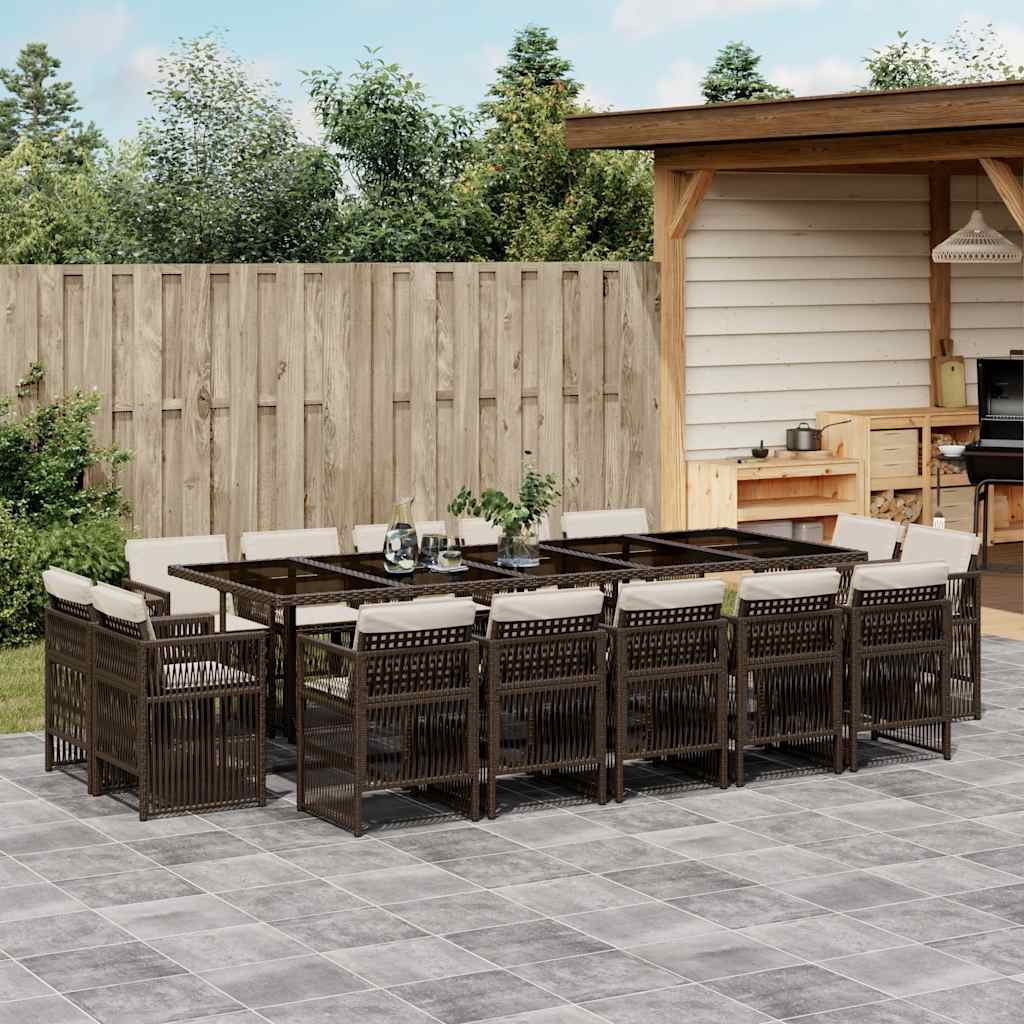 vidaXL 15 Piece Garden Dining Set with Cushions Brown Poly Rattan
