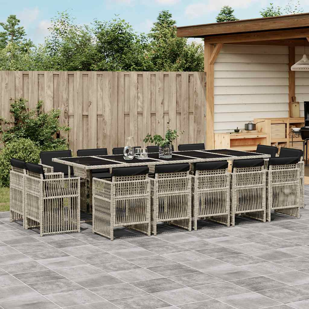 vidaXL 15 Piece Garden Dining Set with Cushions Light Grey Poly Rattan