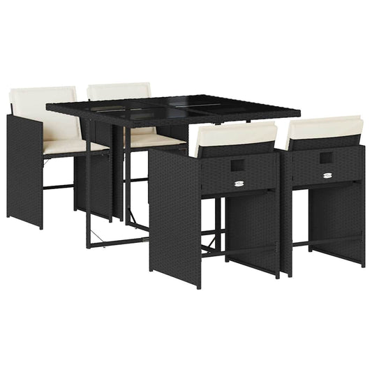 vidaXL 5 Piece Garden Dining Set with Cushions Black Poly Rattan