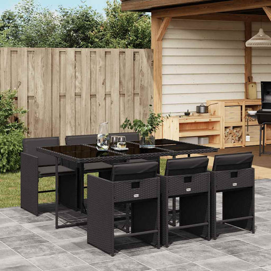 vidaXL 7 Piece Garden Dining Set with Cushions Black Poly Rattan