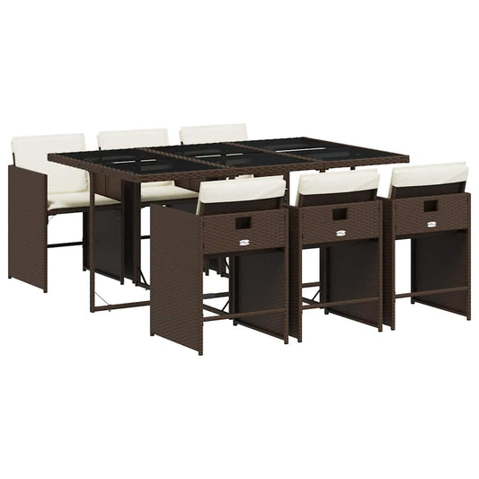 vidaXL 7 Piece Garden Dining Set with Cushions Brown Poly Rattan