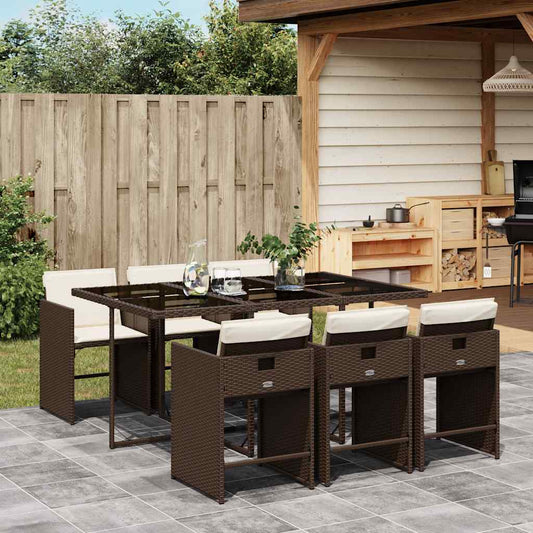 vidaXL 7 Piece Garden Dining Set with Cushions Brown Poly Rattan