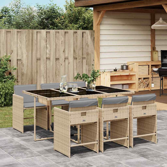 vidaXL 7 Piece Garden Dining Set with Cushions Mix Beige Poly Rattan