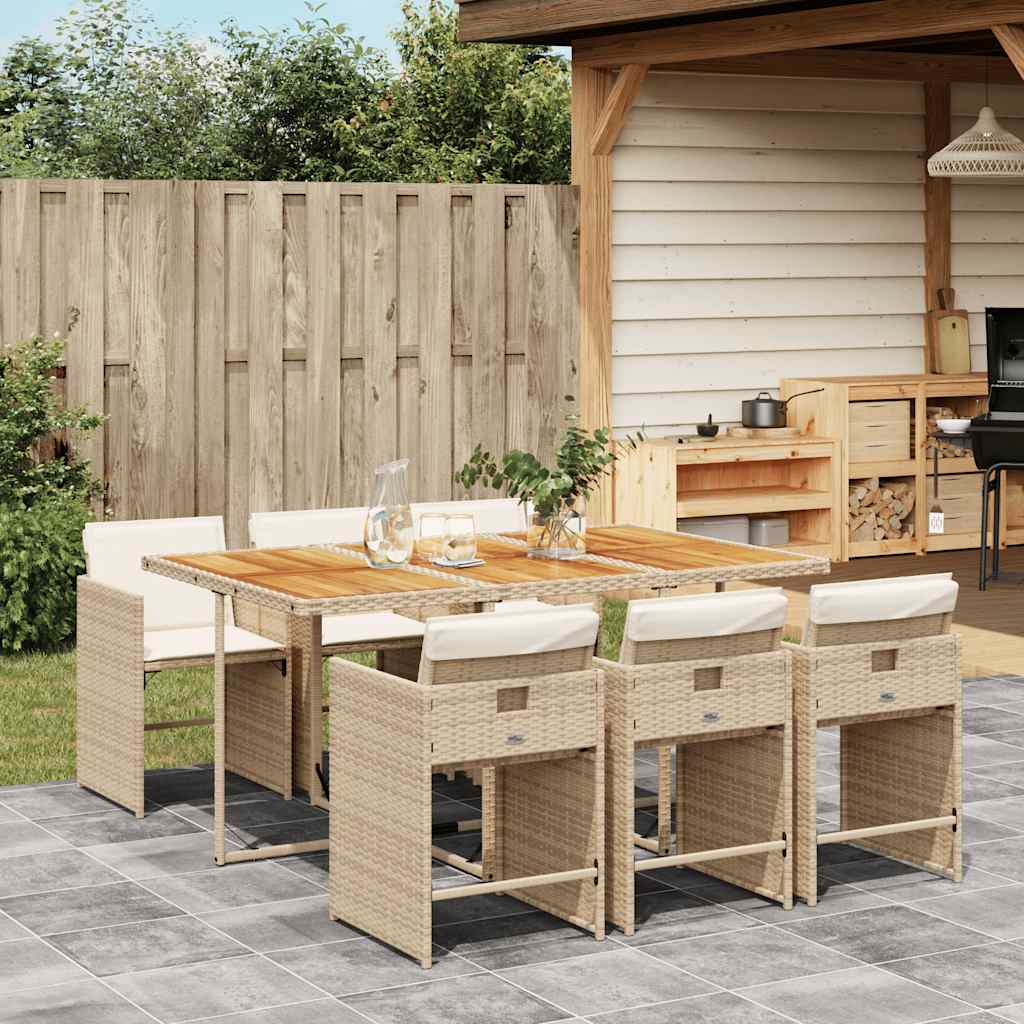 vidaXL 7 Piece Garden Dining Set with Cushions Beige Poly Rattan