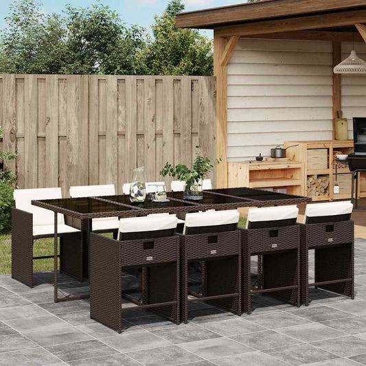 vidaXL 9 Piece Garden Dining Set with Cushions Brown Poly Rattan