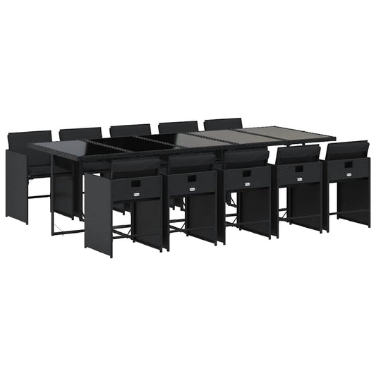 vidaXL 11 Piece Garden Dining Set with Cushions Black Poly Rattan