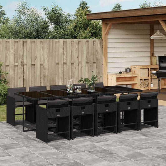 vidaXL 11 Piece Garden Dining Set with Cushions Black Poly Rattan