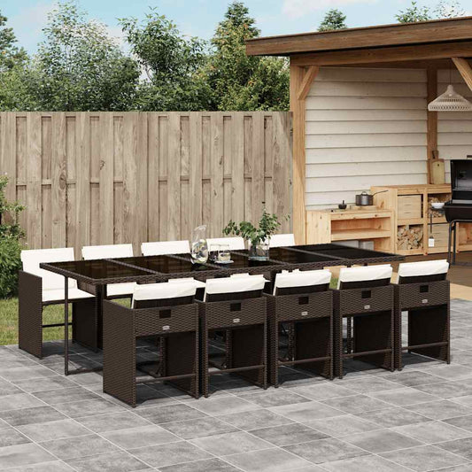 vidaXL 11 Piece Garden Dining Set with Cushions Brown Poly Rattan