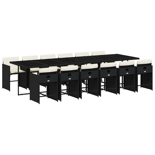 vidaXL 13 Piece Garden Dining Set with Cushions Black Poly Rattan