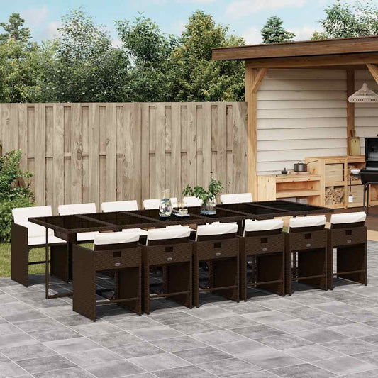 vidaXL 13 Piece Garden Dining Set with Cushions Brown Poly Rattan