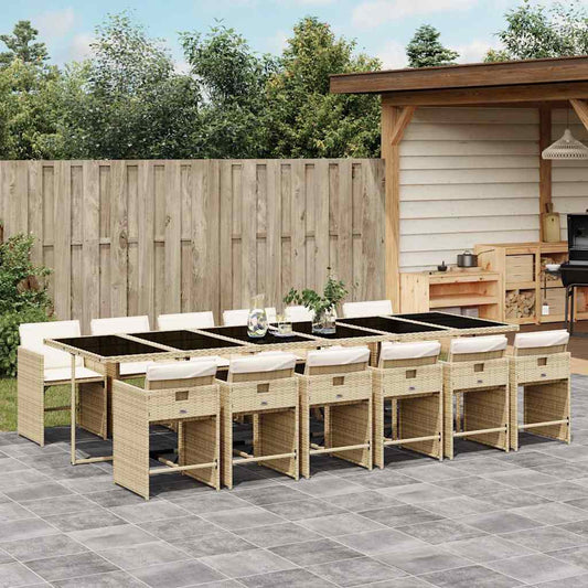 vidaXL 13 Piece Garden Dining Set with Cushions Beige Poly Rattan
