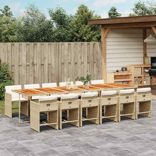 vidaXL 13 Piece Garden Dining Set with Cushions Beige Poly Rattan