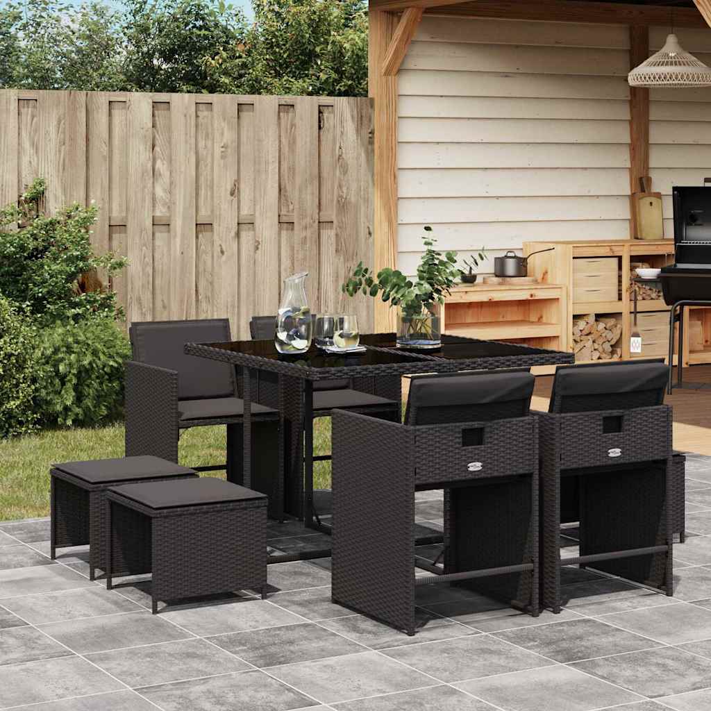 vidaXL 9 Piece Garden Dining Set with Cushions Black Poly Rattan