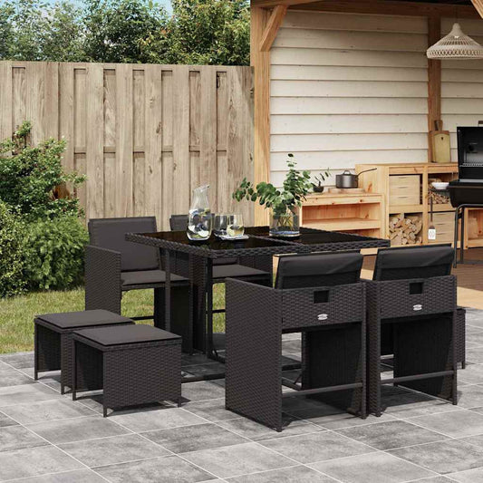 vidaXL 9 Piece Garden Dining Set with Cushions Black Poly Rattan