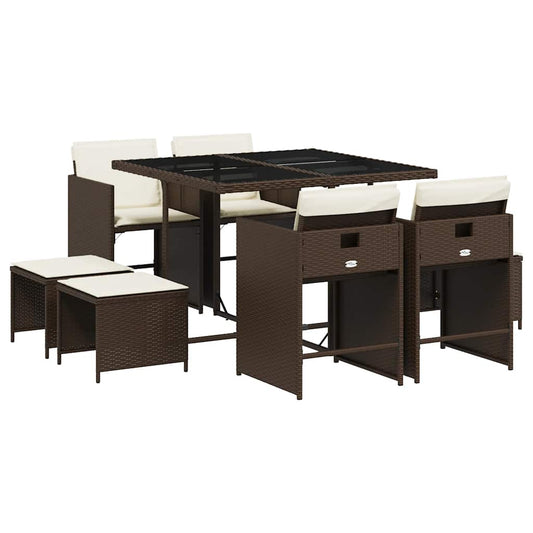 vidaXL 9 Piece Garden Dining Set with Cushions Brown Poly Rattan