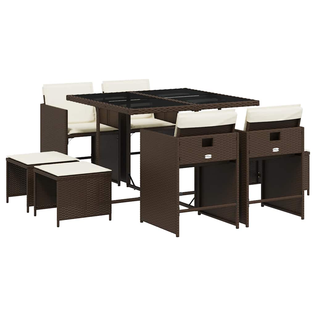 vidaXL 9 Piece Garden Dining Set with Cushions Brown Poly Rattan