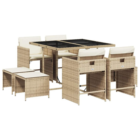 vidaXL 9 Piece Garden Dining Set with Cushions Beige Poly Rattan