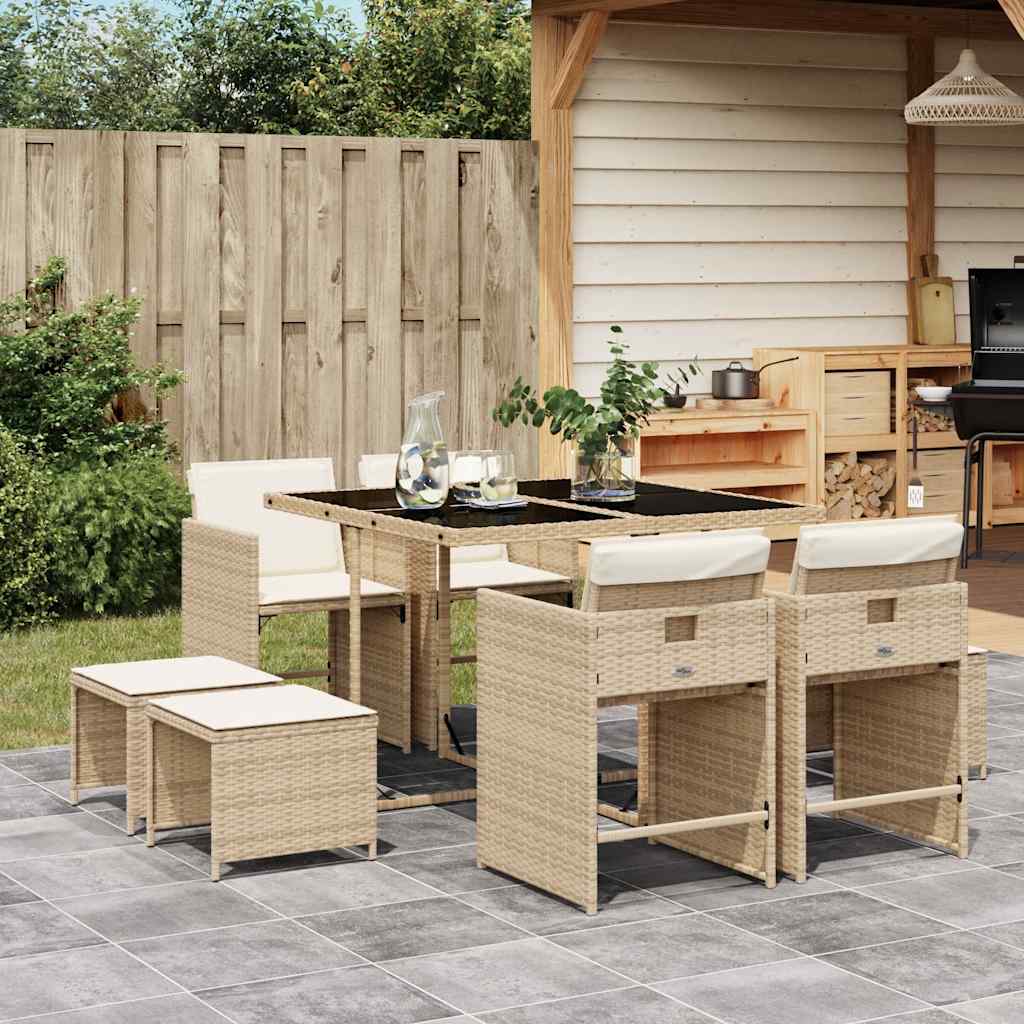 vidaXL 9 Piece Garden Dining Set with Cushions Beige Poly Rattan