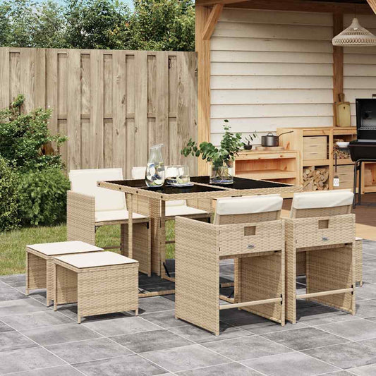 vidaXL 9 Piece Garden Dining Set with Cushions Beige Poly Rattan