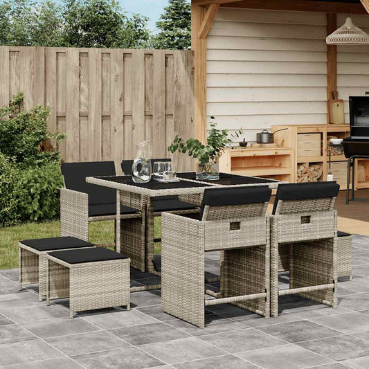 vidaXL 9 Piece Garden Dining Set with Cushions Light Grey Poly Rattan