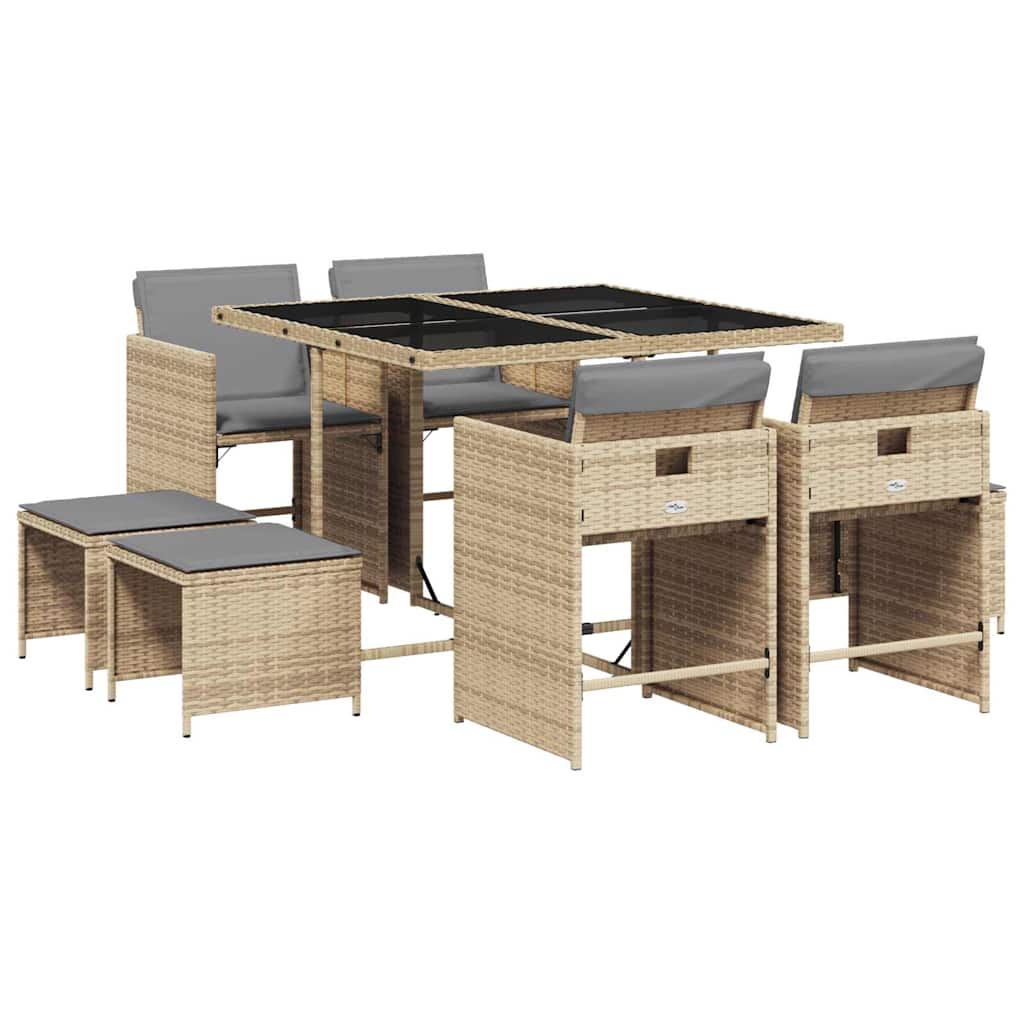 vidaXL 9 Piece Garden Dining Set with Cushions Mix Beige Poly Rattan
