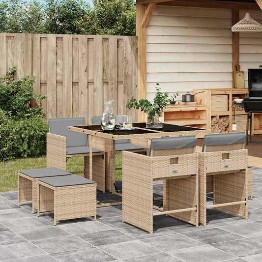 vidaXL 9 Piece Garden Dining Set with Cushions Mix Beige Poly Rattan