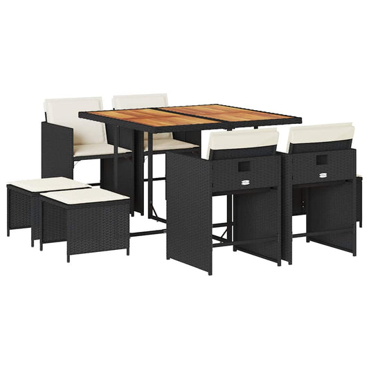 vidaXL 9 Piece Garden Dining Set with Cushions Black Poly Rattan